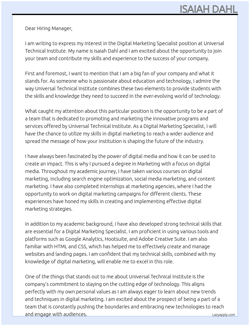 Digital Marketing Specialist At Universal Technical Institute Cover Letter