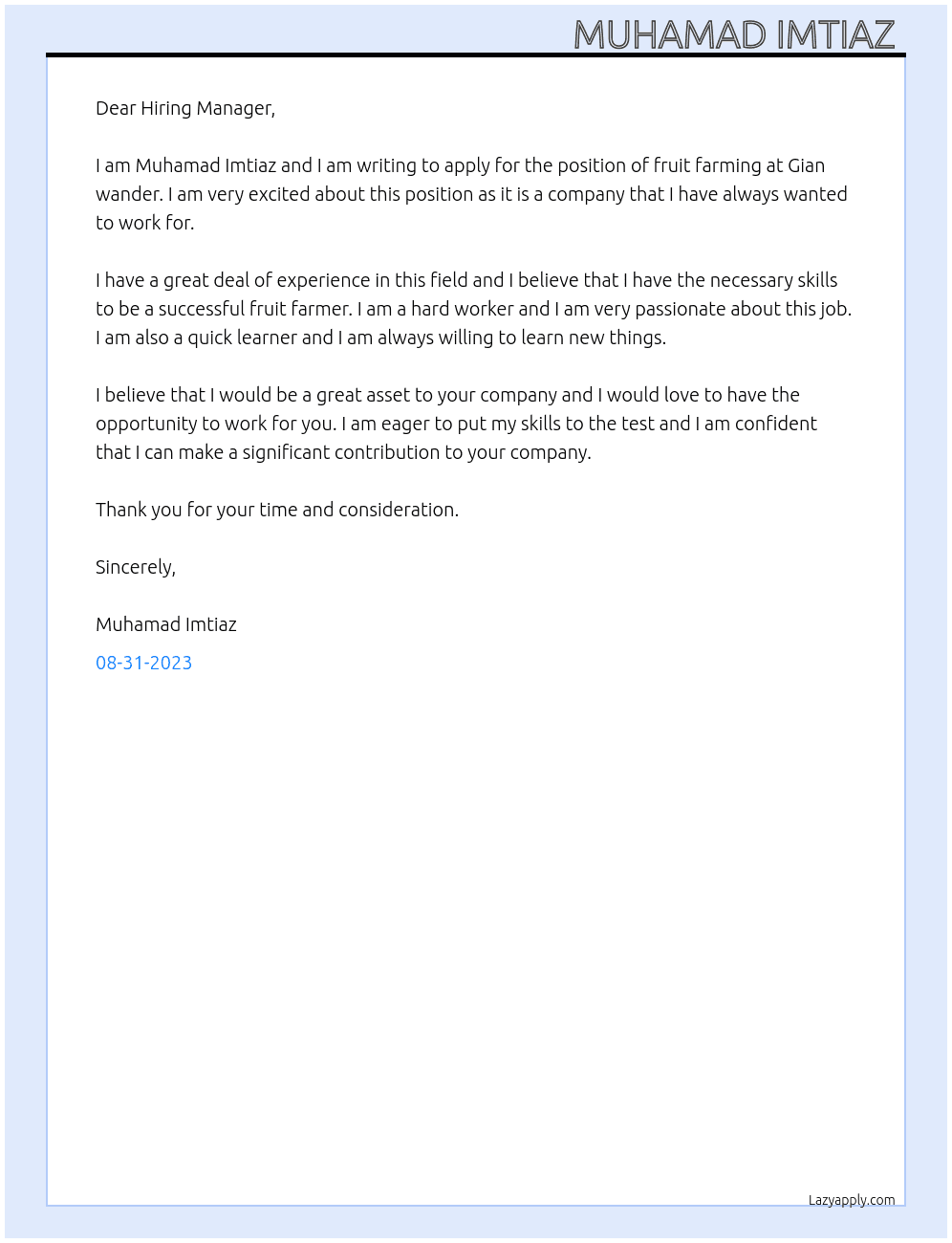 Fruit farming  At Gian wander  Cover Letter
