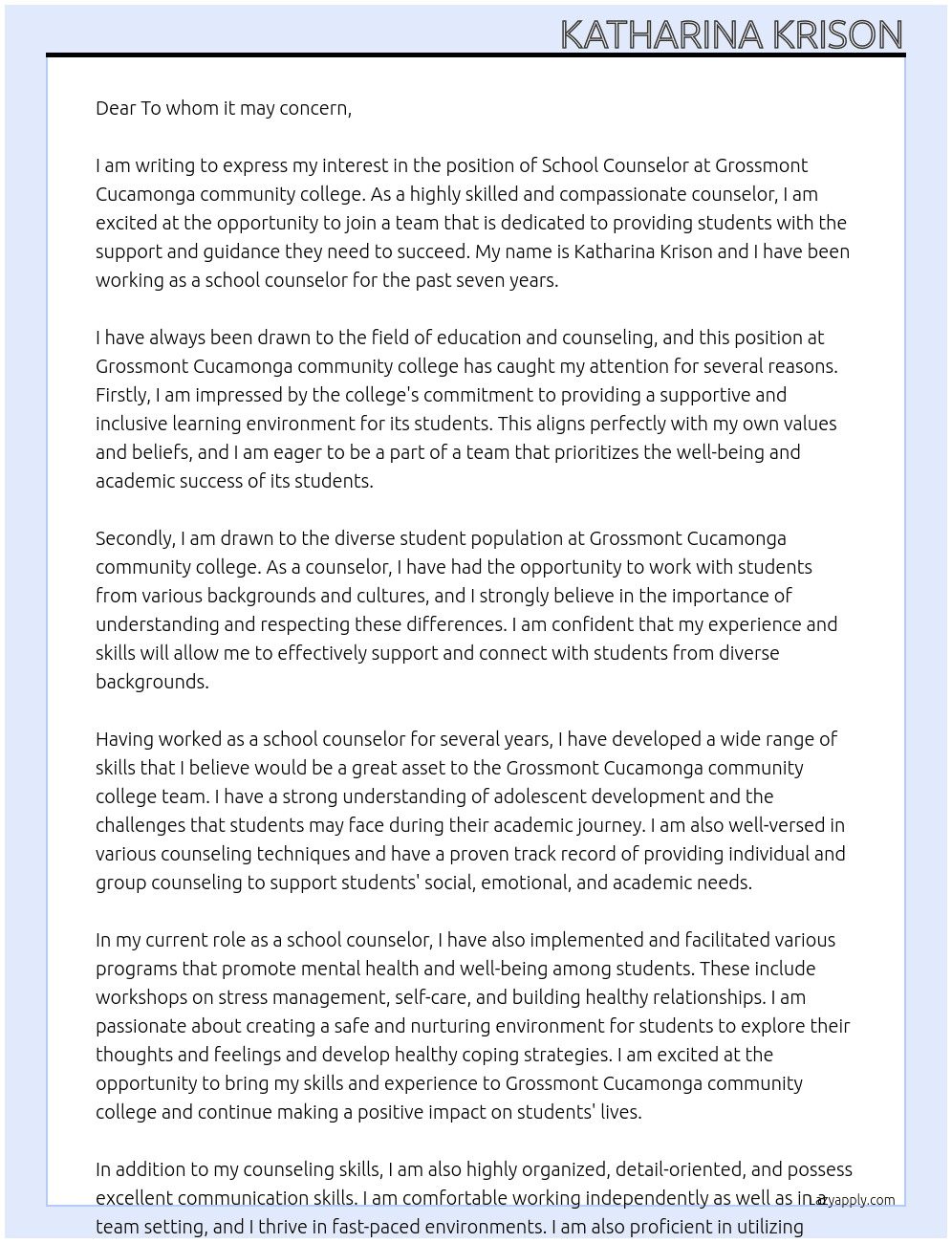 School Counselor At Grossmont Cucamonga community college Cover Letter