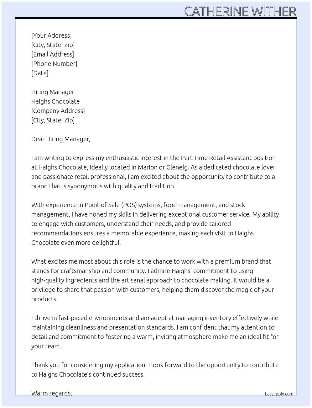 Part Time Retail Assistant At Haighs Chocolate Cover Letter