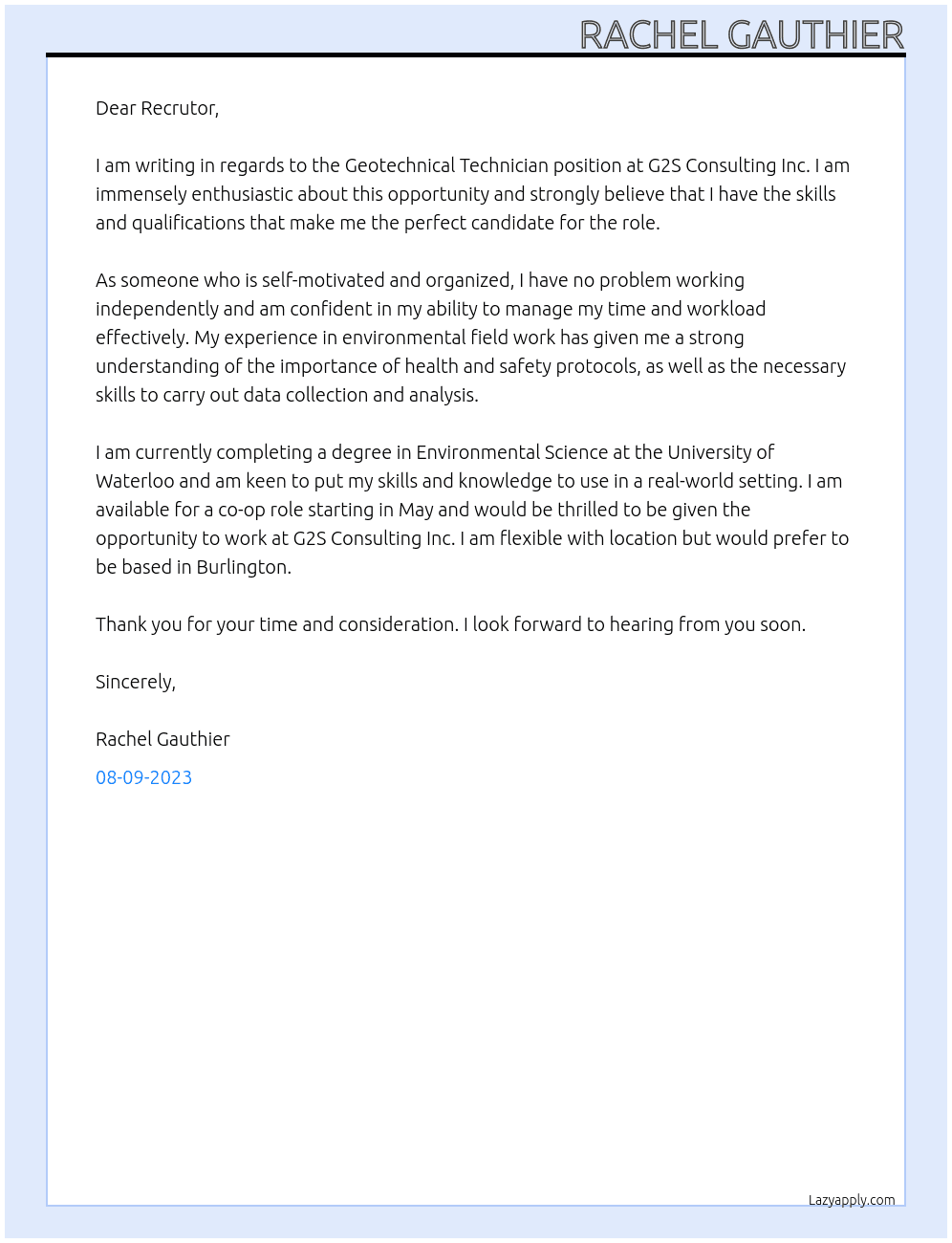  Geotechnical Technician At G2S Consulting Inc Cover Letter