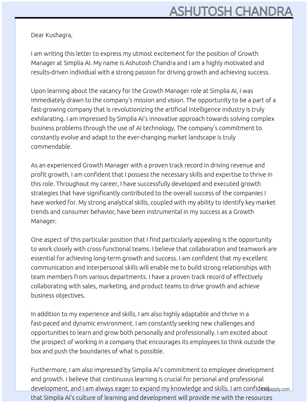 Growth Manager At Simplia AI Cover Letter