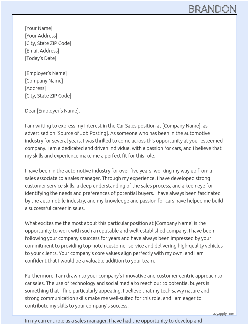 Car sales At NA Cover Letter