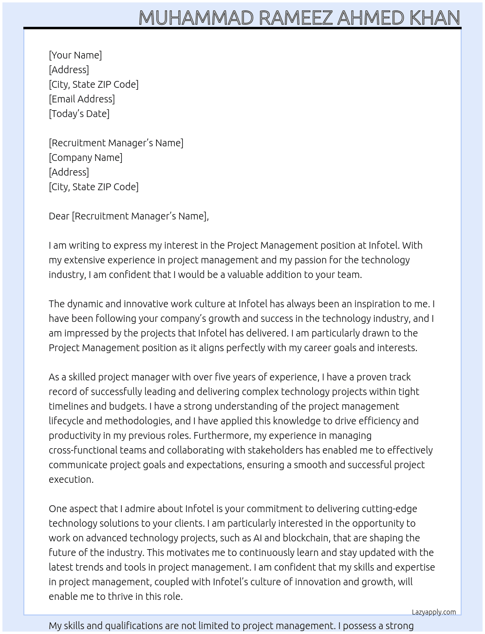 Project Management At Infotel Cover Letter