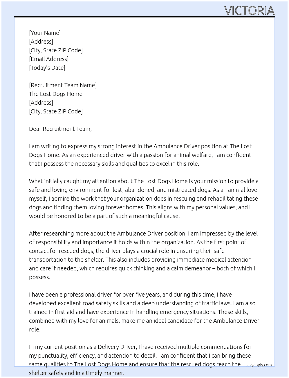 Ambulance Driver At The Lost Dogs Home Cover Letter
