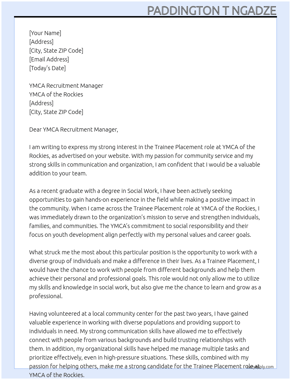 Trainee placement  At YMCA of the rockies Cover Letter