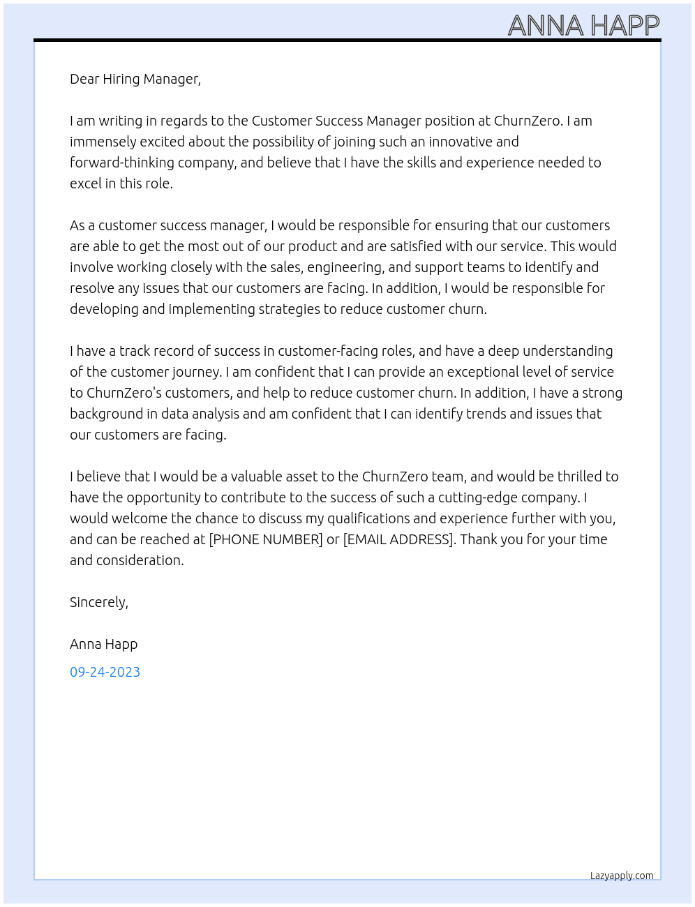 customer success manager At churnzero Cover Letter