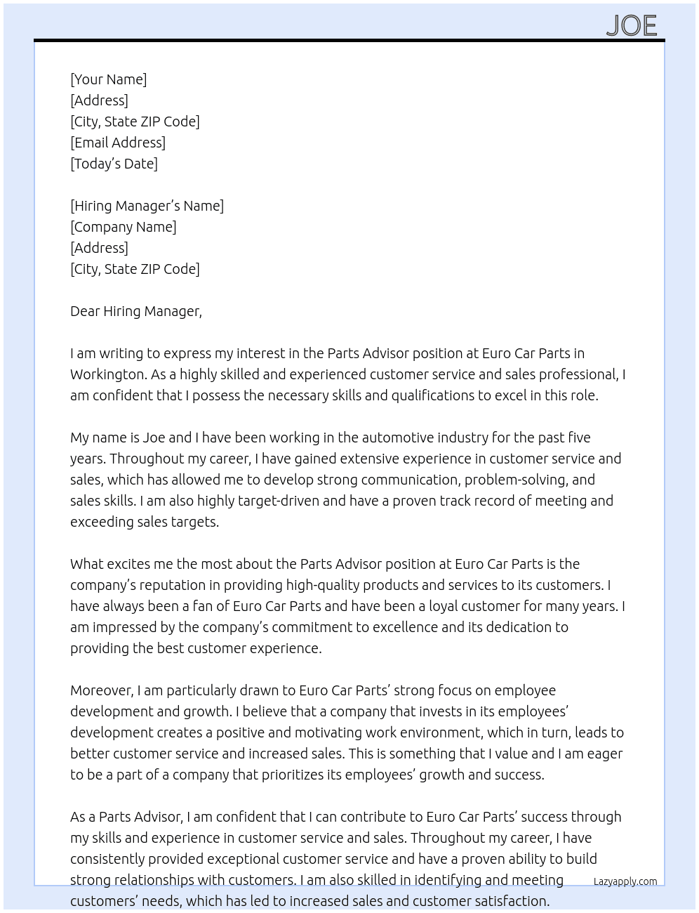 Parts Adviver At Euro Car Parts Cover Letter