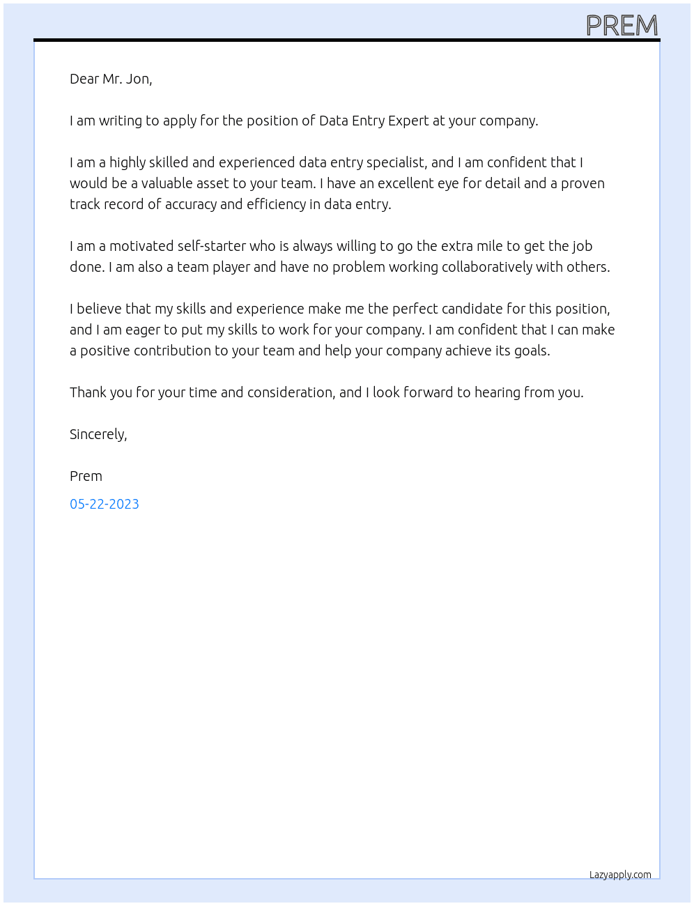 Data Entry Expert At your company Cover Letter