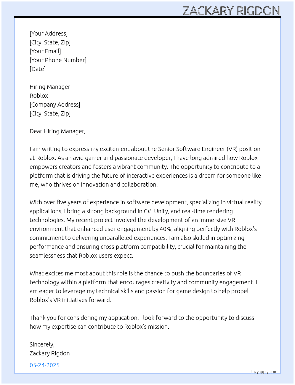 Senior Software Engineer (VR) At roblox Cover Letter