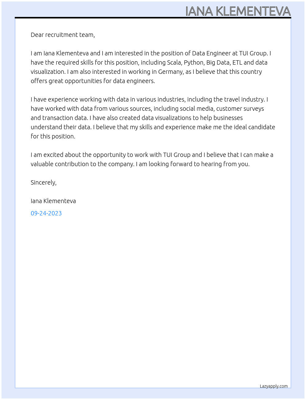 Data Engineer At TUI Group Cover Letter