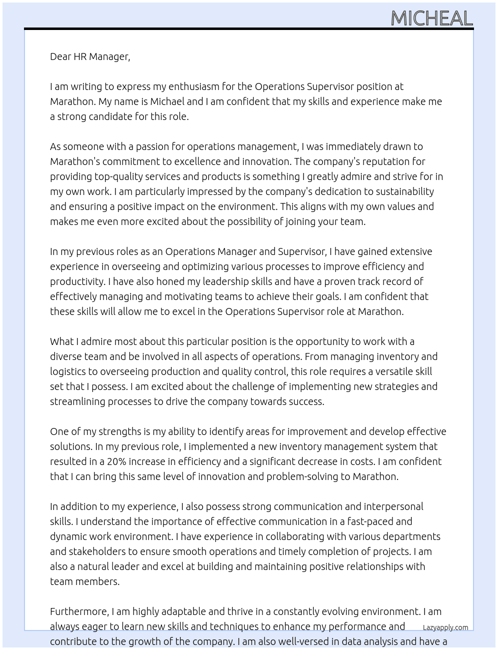 Operations Supervisor At Marathon Cover Letter