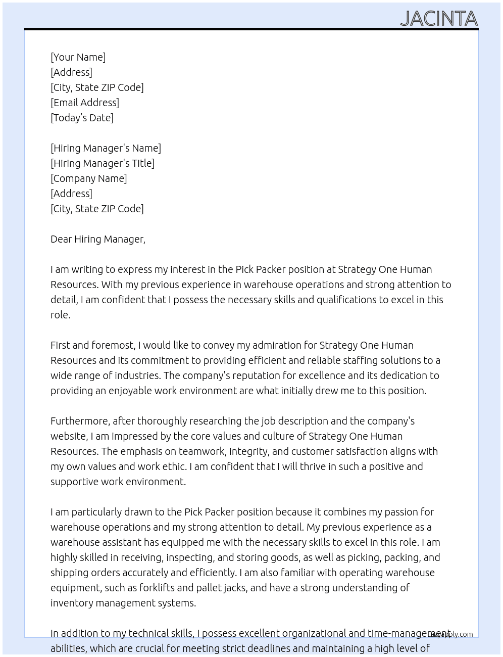 Pick Packer At Strategy One Human Resources Cover Letter