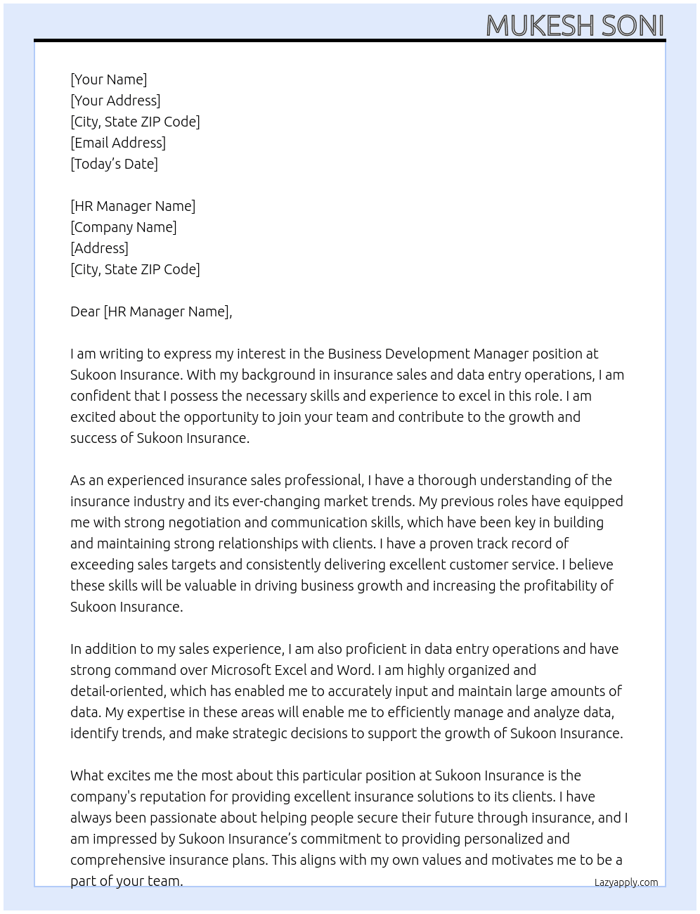 Business Development Manager At Sukoon insurance  Cover Letter