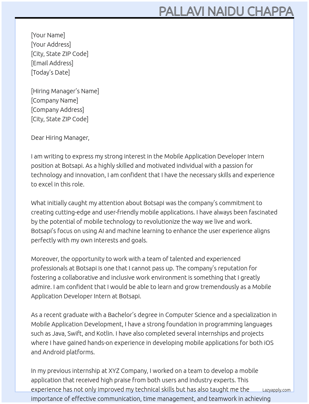 Mobile Application Developer Intern  At Botsapi Cover Letter