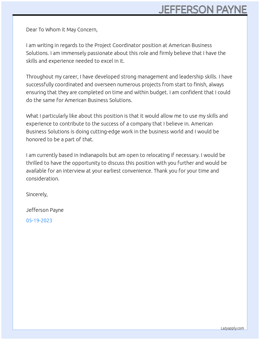 Project Coordinator At American Business Solutions Cover Letter