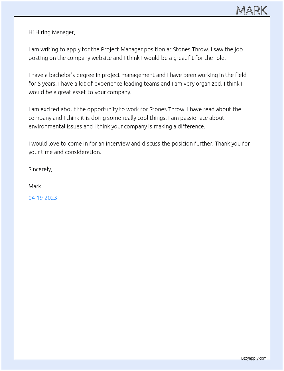 project manager At stones throw Cover Letter