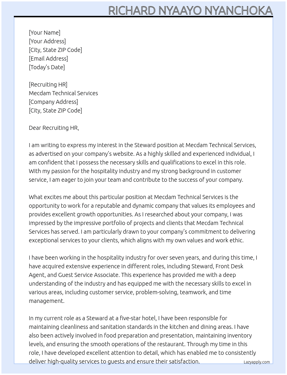 Steeward At Mecdam Technical services Cover Letter