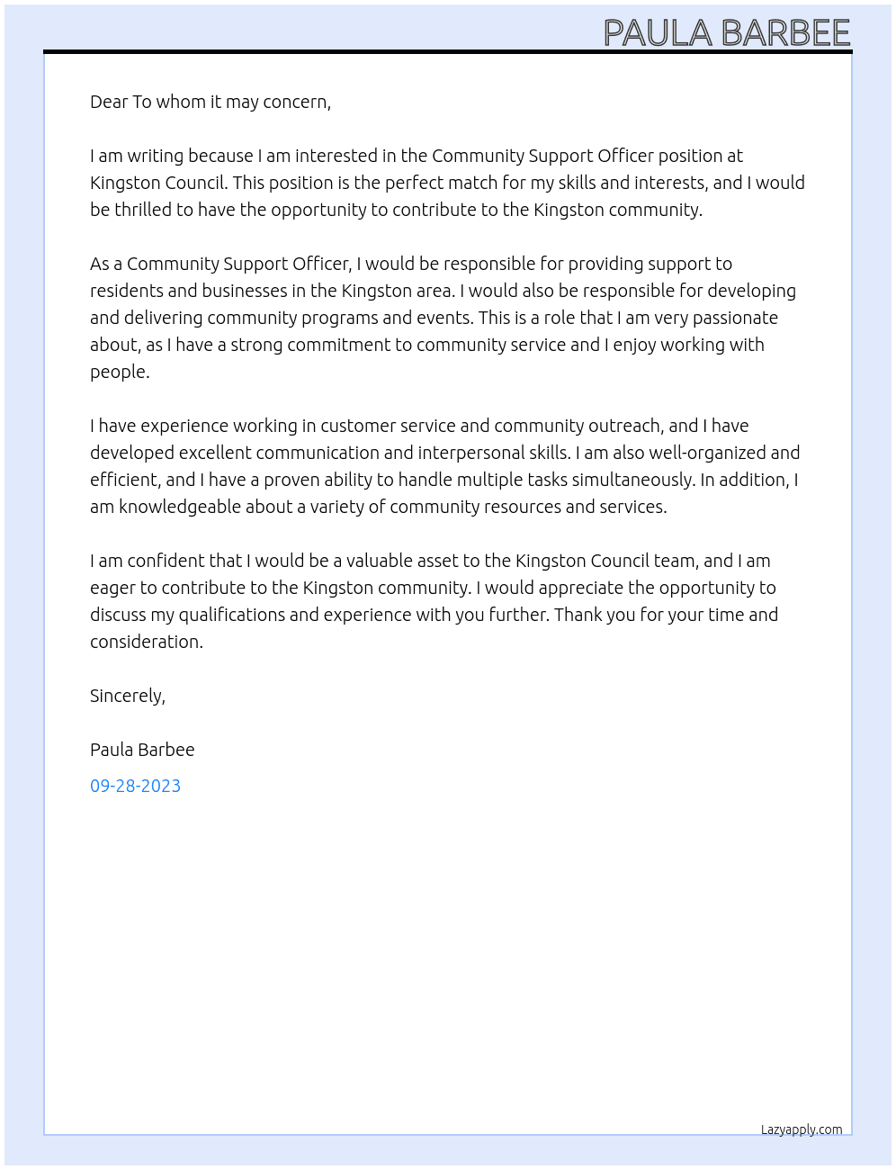  Community Support Officer At Kingston Council Cover Letter