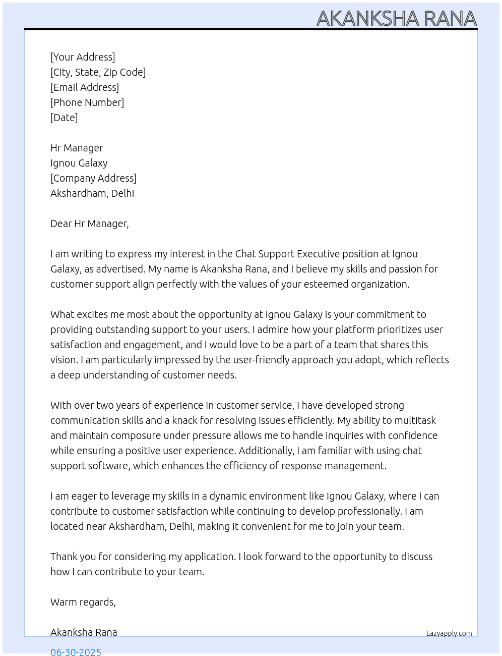 Chat support executive At Ignou galaxy Cover Letter