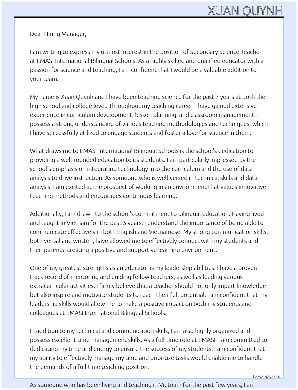 Secondary Science Teacher At EMASI International Bilingual Schools Cover Letter