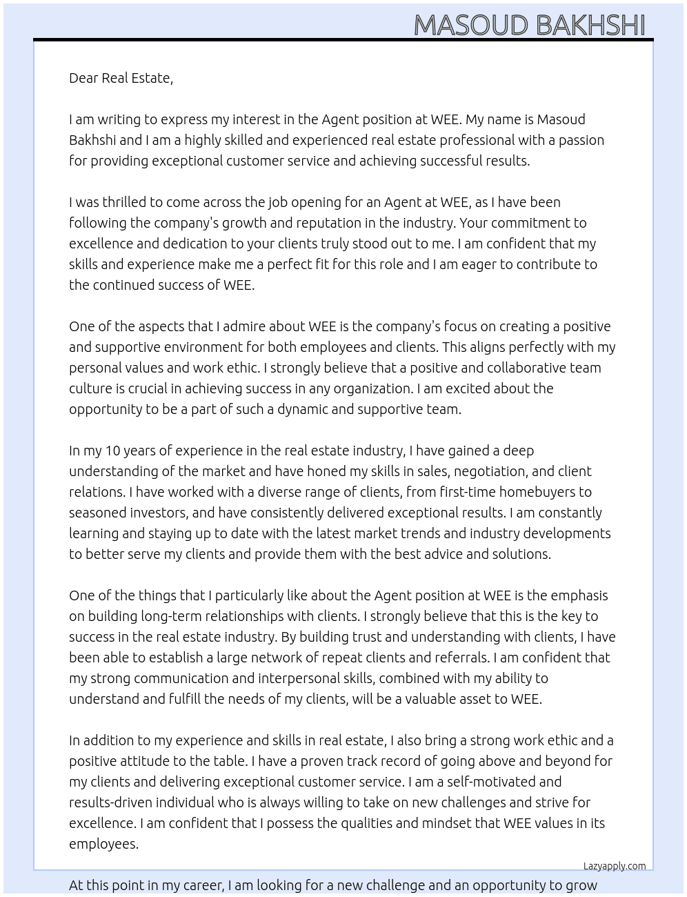 agent At wee Cover Letter