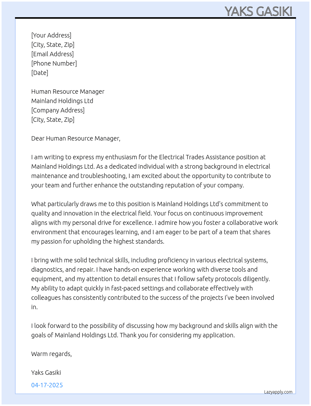 Electrical Trades Assistance  At Mainland Holdings Ltd Cover Letter