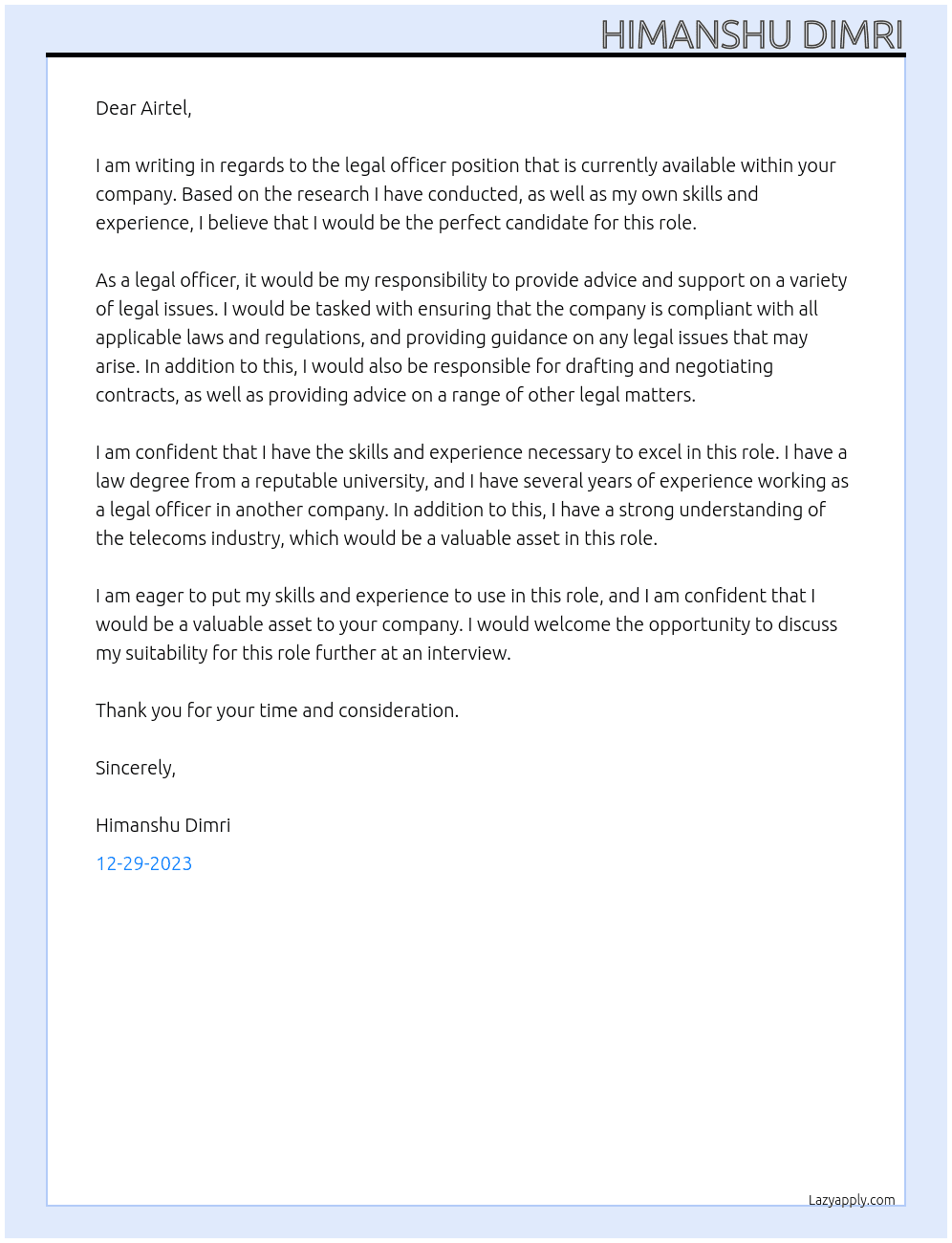 legal At airtel Cover Letter