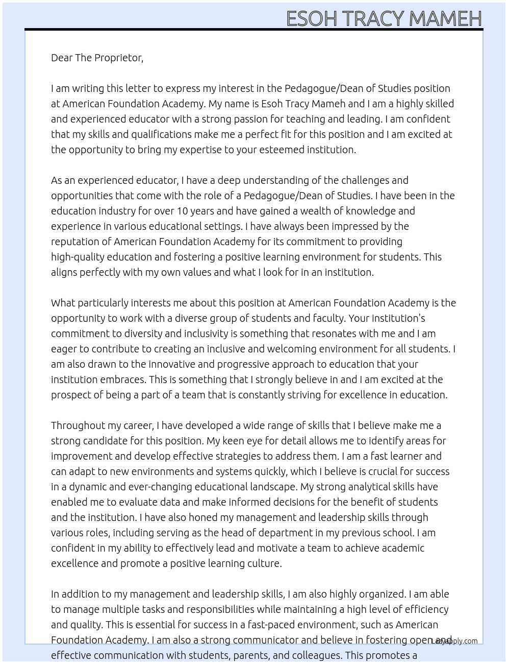 Pedagogue/Dean of Studies At American Foundation Academy Cover Letter