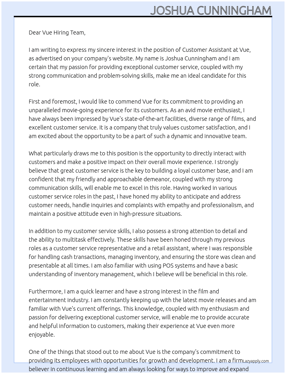 Customer assistant At Vue Cover Letter