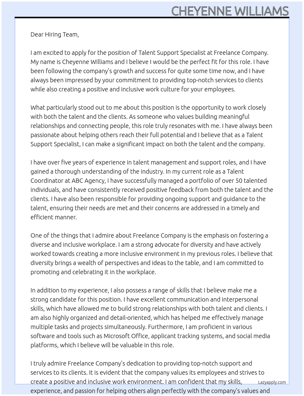 Talent Support Specialist At Freelance Company Cover Letter