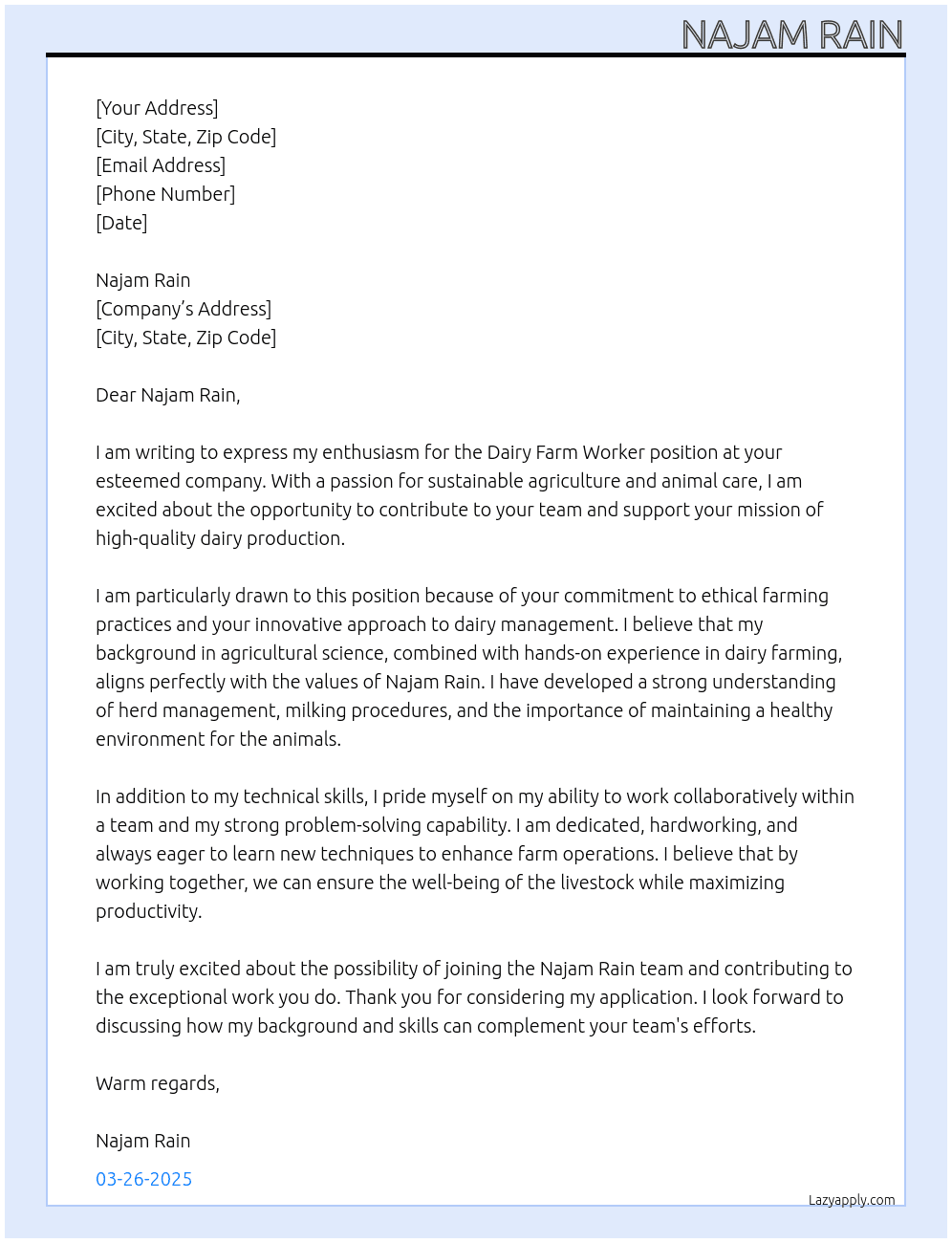 Dairy farm worker At Najam Rain Cover Letter