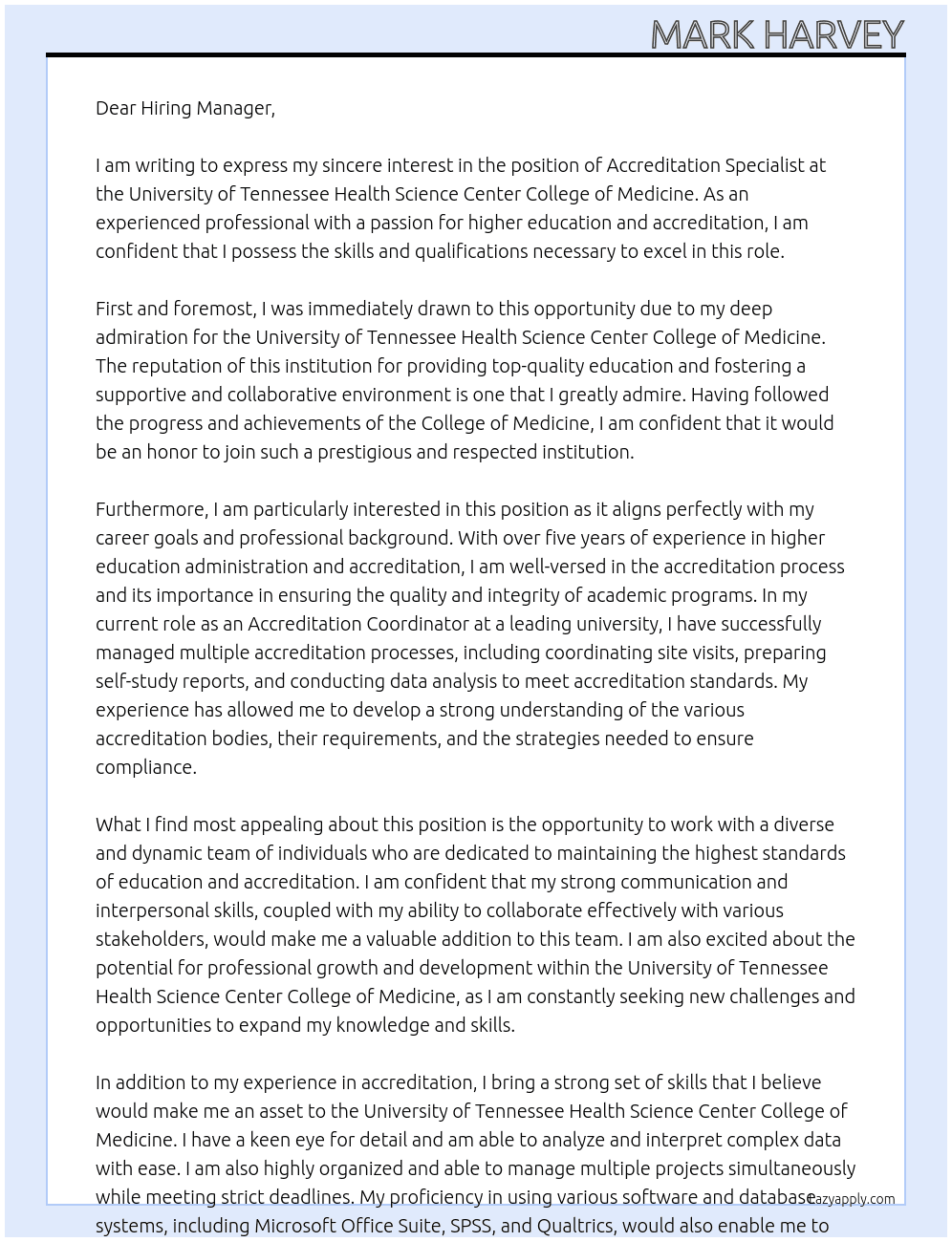 Accreditation Specialist At University of Tennessee Health Science Center College of Medicine  Cover Letter