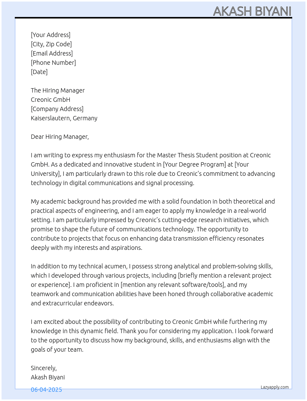 Master thesis student At Creonic Gmbh Cover Letter