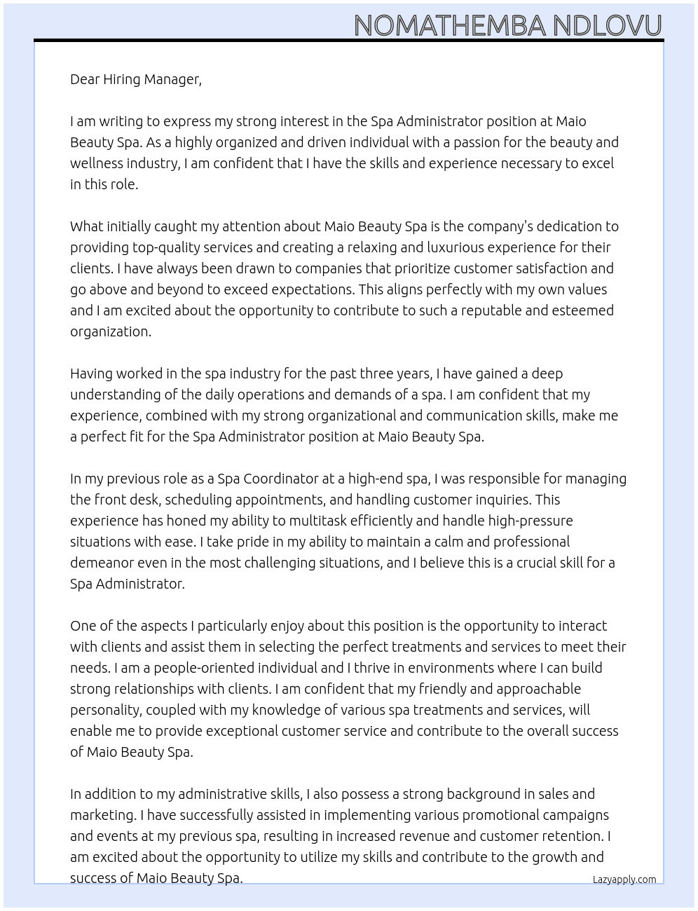 Spa Administrator  At Maio Beauty Spa  Cover Letter
