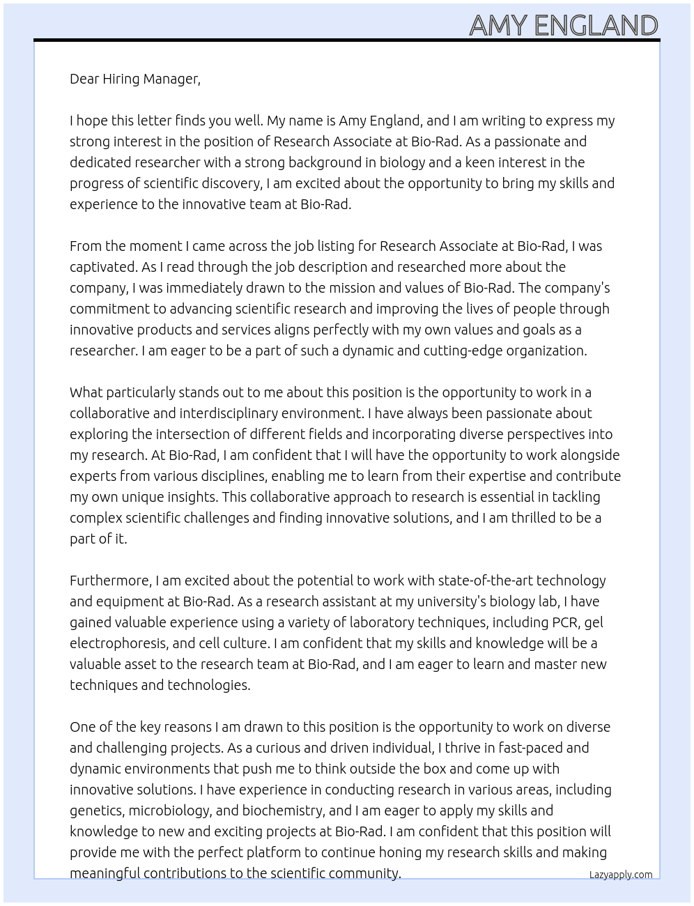 Research Associate At Bio-Rad Cover Letter