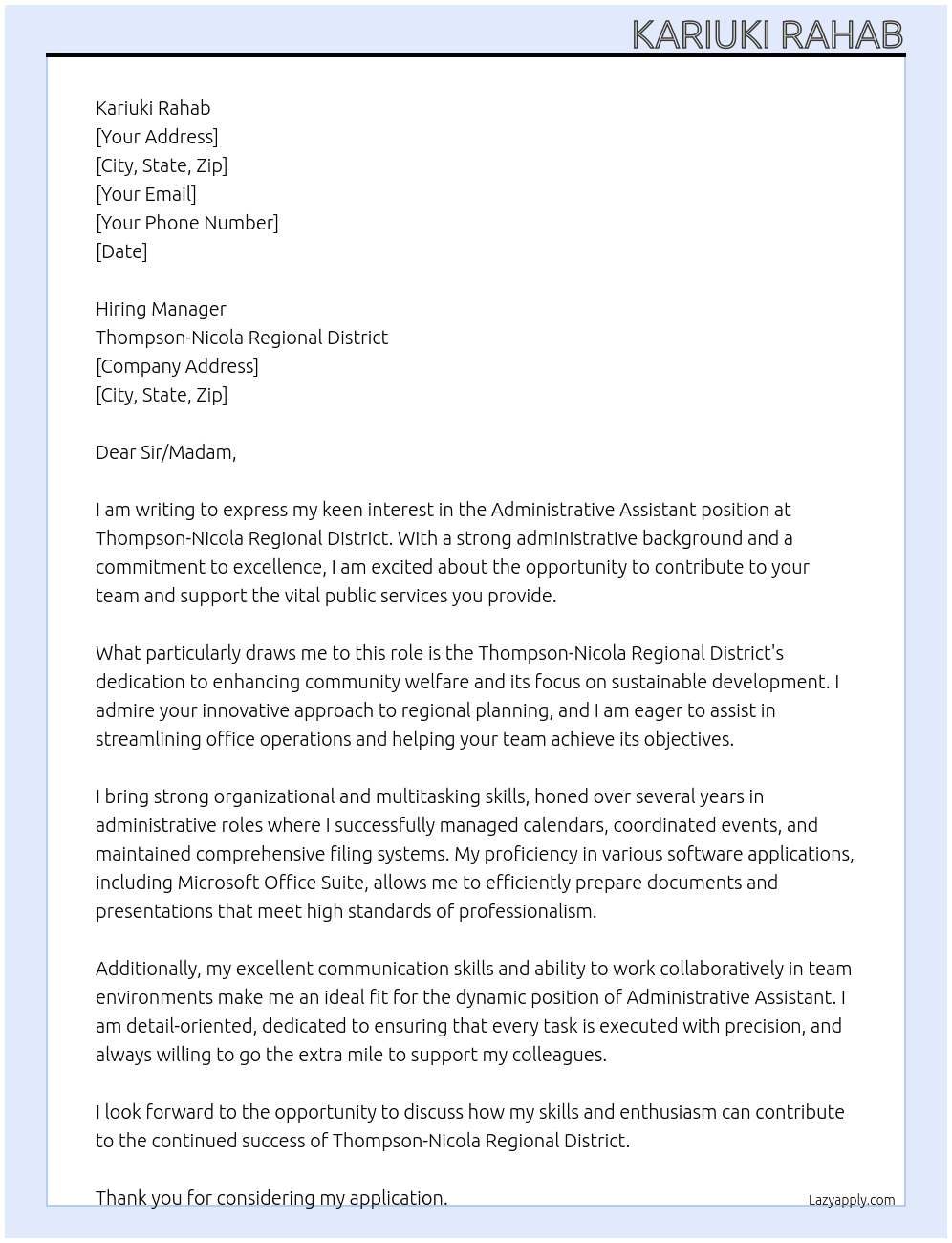 Administrative Assistant  At Thompson- Nicola regional District  Cover Letter