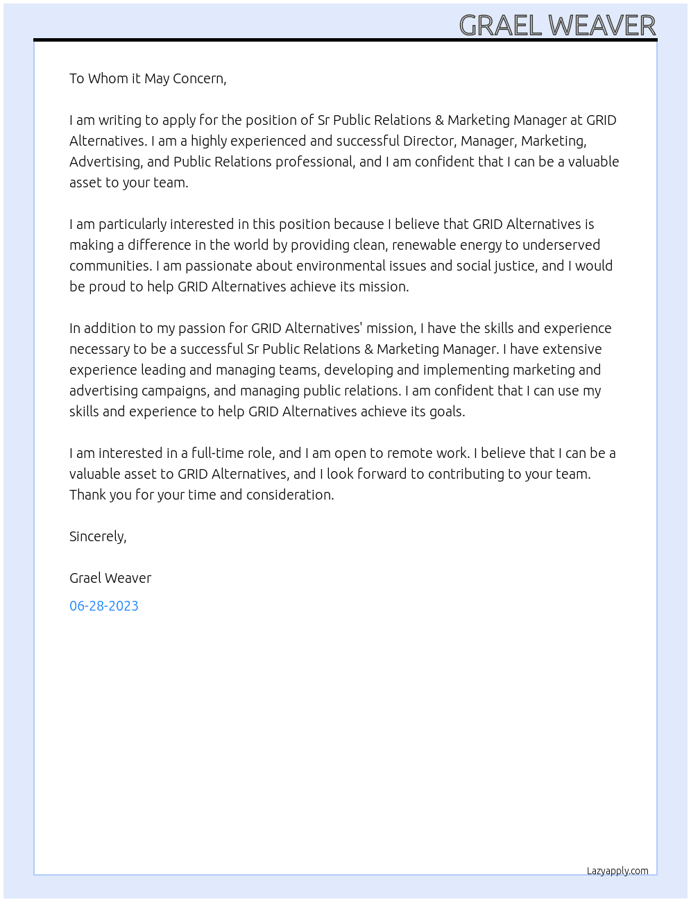  Sr Public Relations & Marketing Manager At GRID Alternatives Cover Letter