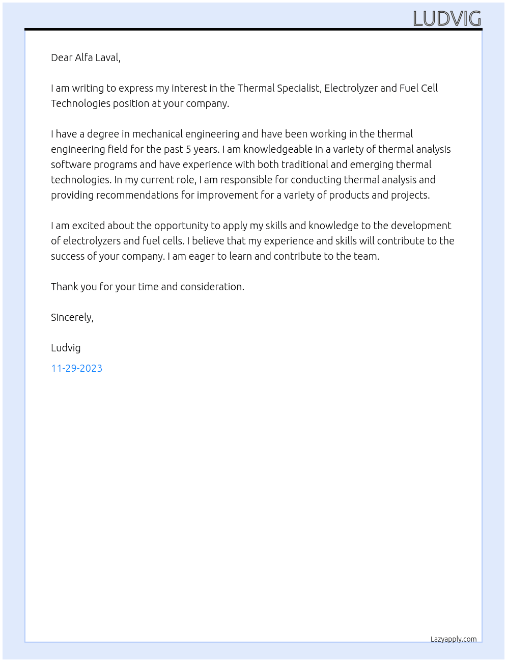 Thermal Specialist, Electrolyzer and Fuel Cell Technologies  At Alfa Laval Cover Letter