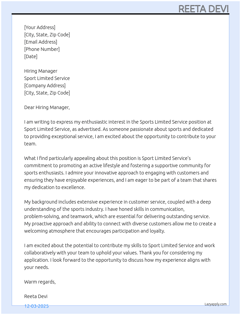 Sports limited service  At Sport limited service  Cover Letter