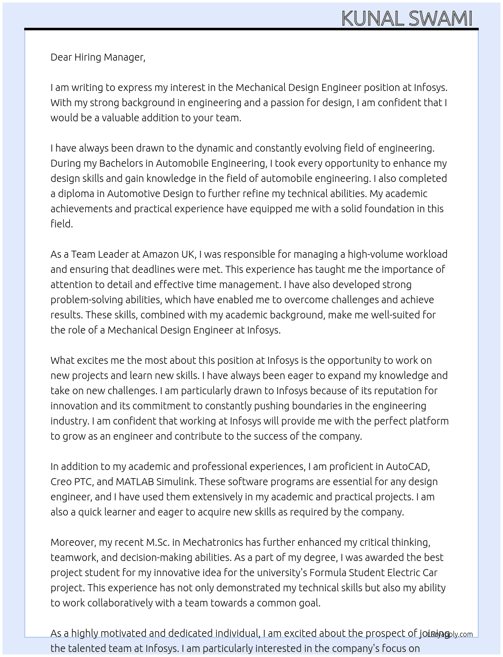 Mechanical Design Engineer At Infosys Cover Letter