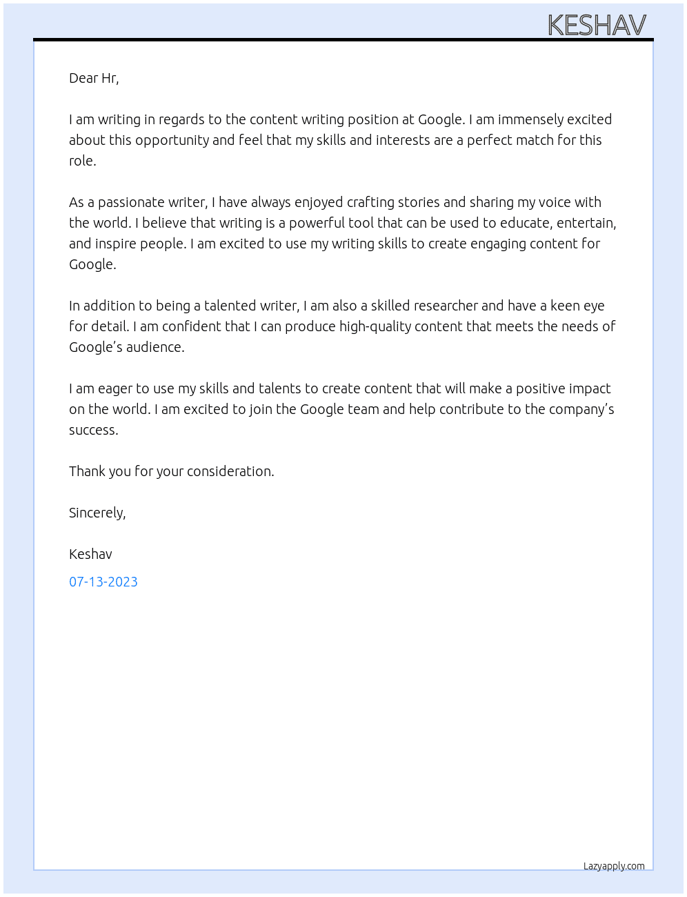 Content writing  At Google  Cover Letter