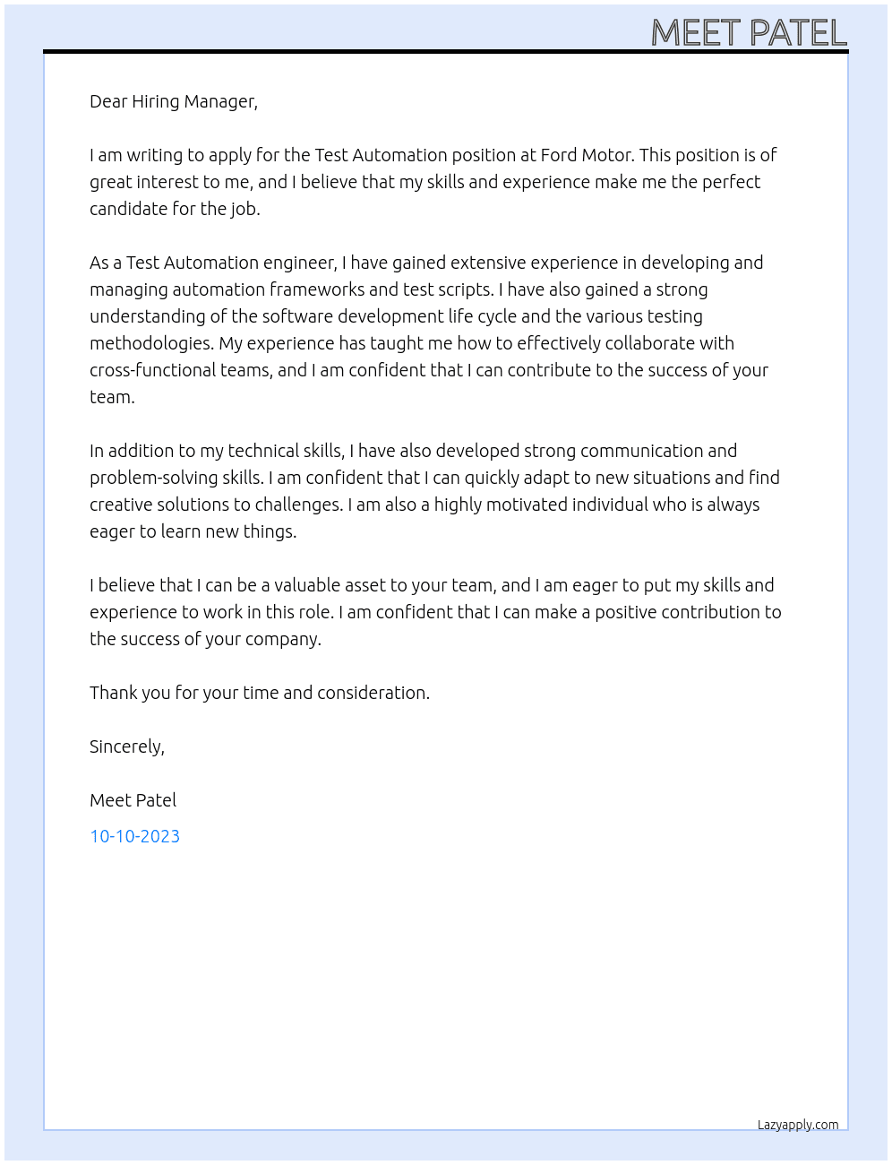 Test Automation At Ford Motor Cover Letter
