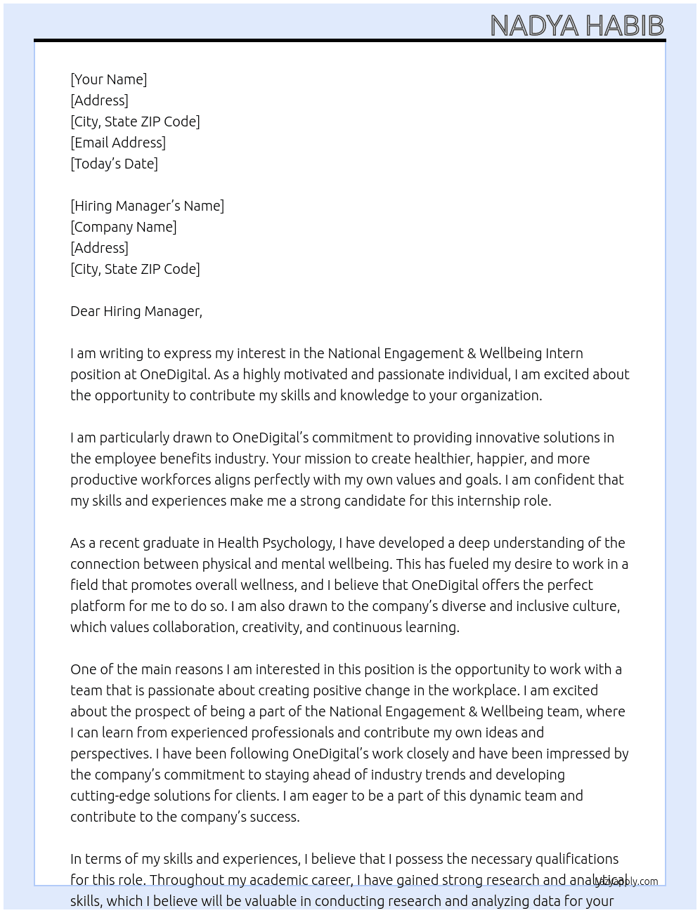 National Engagement & Wellbeing Intern  At OneDigital Cover Letter