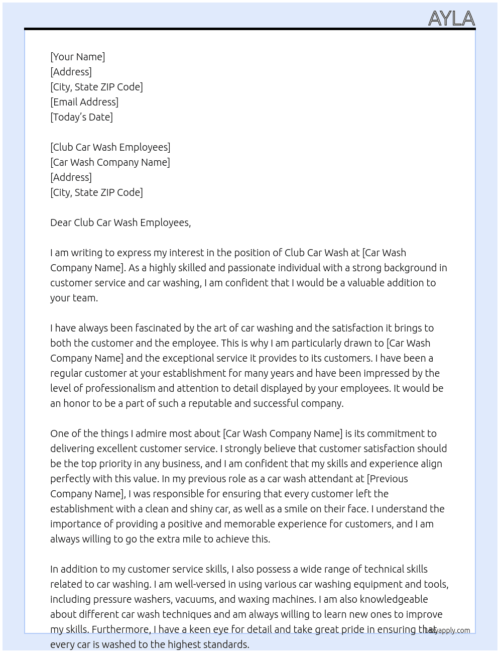 Club car wash  At Car wash Cover Letter