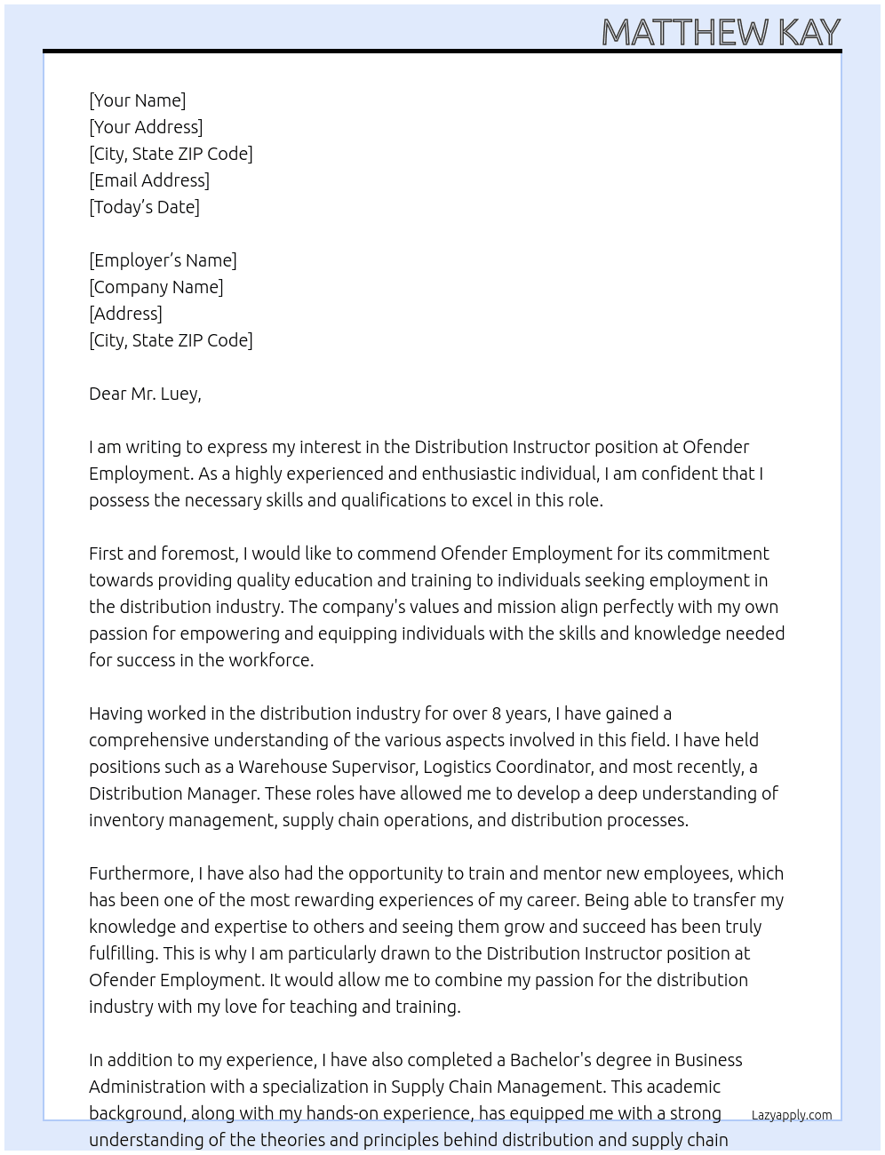 Distribution Instructor At Ofender employment Cover Letter