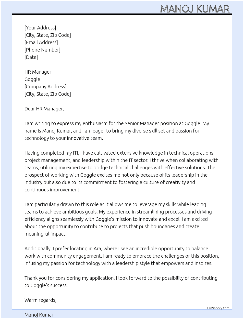 Senior manager  At Goggle  Cover Letter