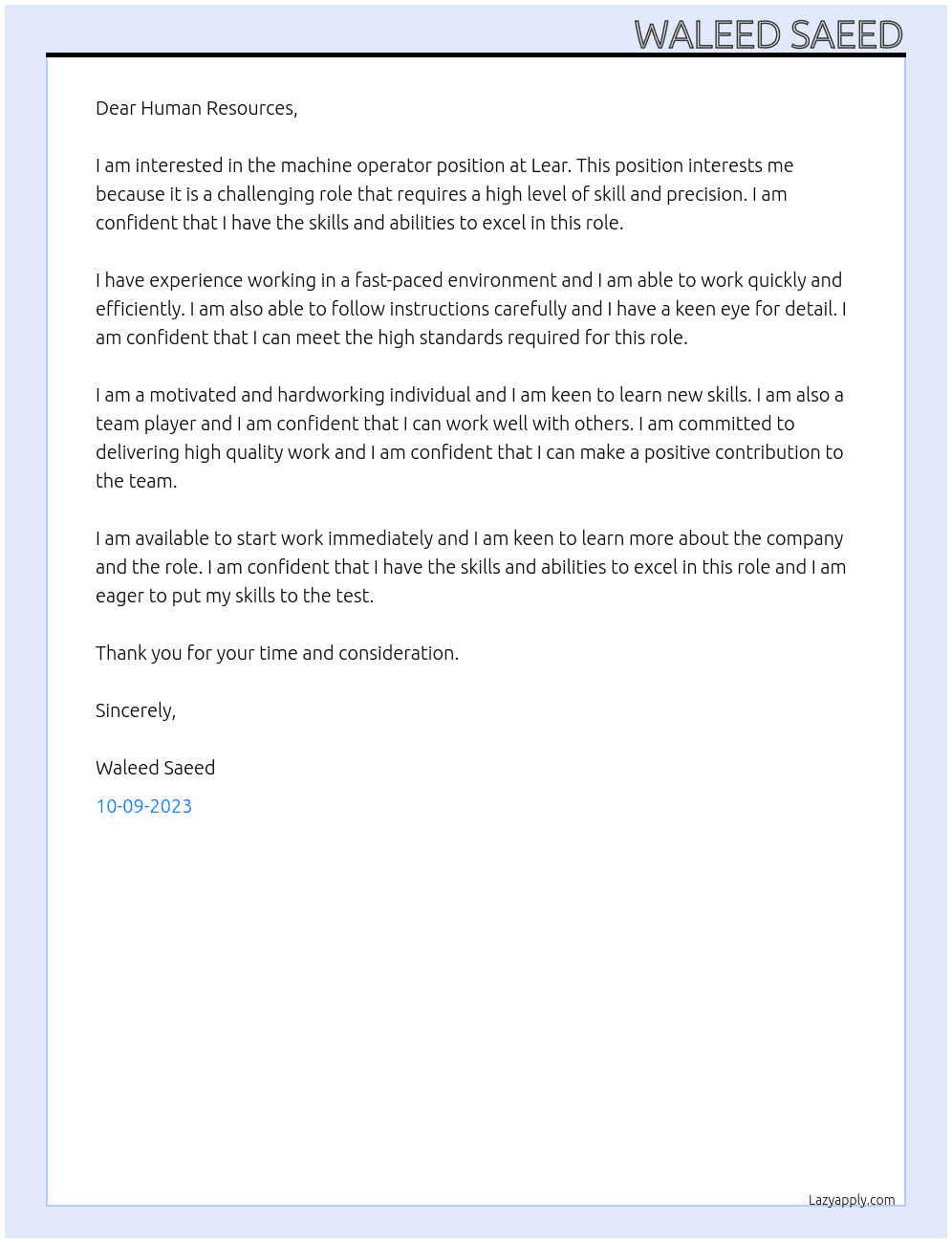Machine operator At Lear Cover Letter