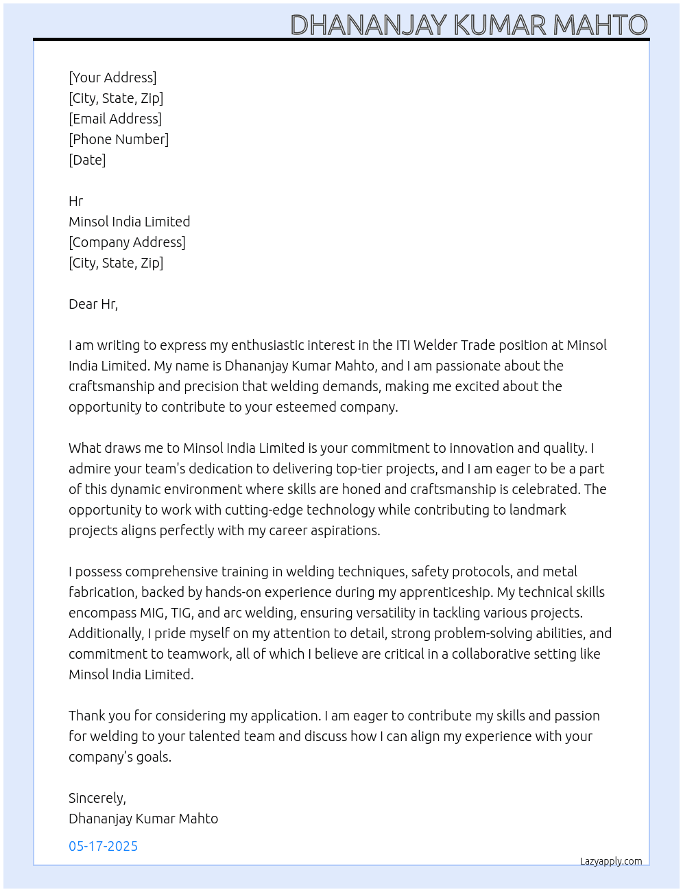 ITI Welder Trade  At Minsol india limited  Cover Letter