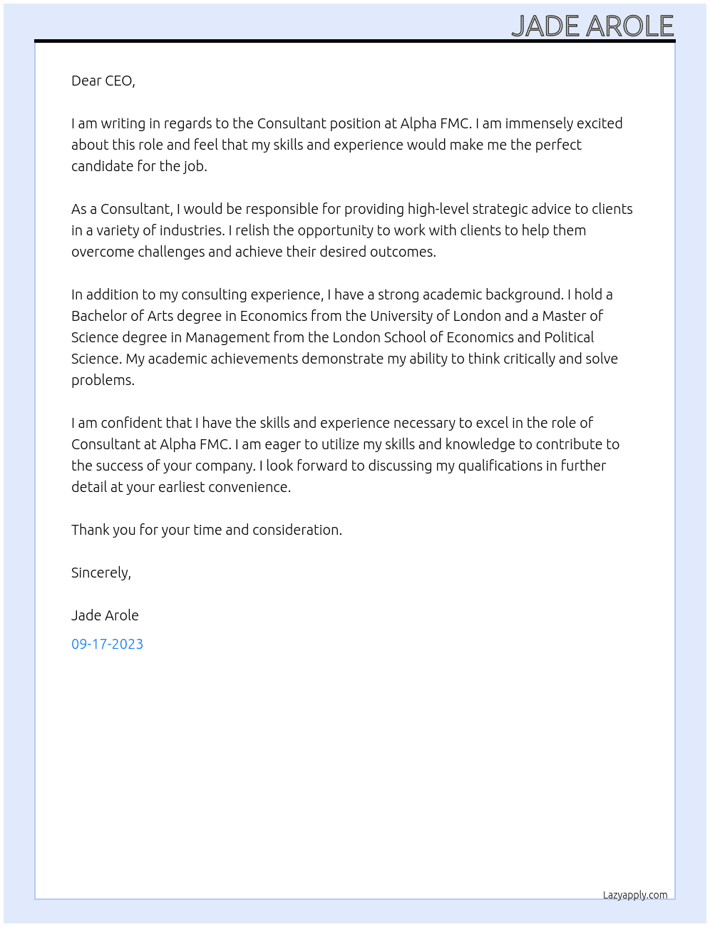 Consultant At Alpha FMC Cover Letter